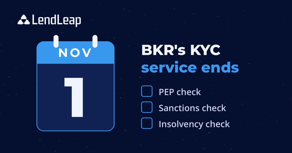 Calendar page showing 1 November with the text BKR's KYC service ends and three open checks: PEP check, sanctions check and insolvency check