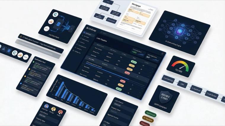 Het LendLeap-platform: dashboard met loan pipeline, AI underwriting engine, live datafeeds, notificaties, analytics en integraties met core banking, CRM en kredietbureaus.